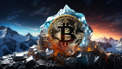A frozen Bitcoin on a mountain top. - obrazy, fototapety, plakaty