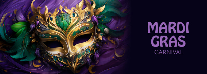 Mardi Gras template. Banner for mardi gras carnival in violet,green,yellow colors - obrazy, fototapety, plakaty