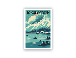 Jokulsarlon, Iceland. Vintage Travel Posters. Vector art. Famous Tourist Destinations Posters Art Prints Wall Art and Print Set Abstract Travel for Hikers Campers Living Room Decor. AI generated