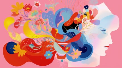 Obraz premium A painted flowers in a psychedelic avant-garde style .carbincore.Trippy Design A girl with flowers on her head. spring. bright pink color