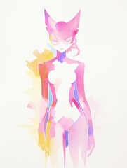 Light watercolor illustration of cat-woman. Pink and orange colors.splashes and smudges. abstraction