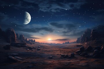 A serene desert landscape with a captivating moon in the sky. Perfect for nature enthusiasts and astronomy lovers.