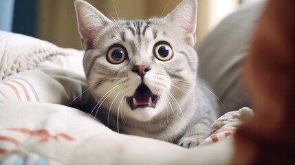 surprised cat make big eyes. American shorthair surprised cat or kitten funny face big eyes, cute, domestic, kitten, feline, Emotional surprised, kitty, wow.