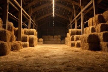 A barn filled with lots of hay and bales. Perfect for agricultural or farm-related projects. - obrazy, fototapety, plakaty
