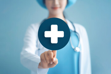 Medicine nurse holding plus icon for the healthcare medical icon on blue background. ai generative