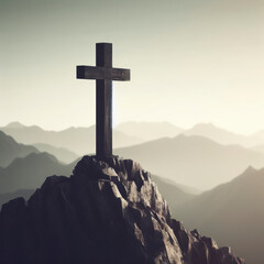 Religious Christian banner of a black and white wooden cross on rock hilltop with copy space. ai generative