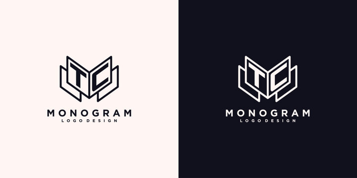 Initials letter TC with book line art education logo symbol vector illustration