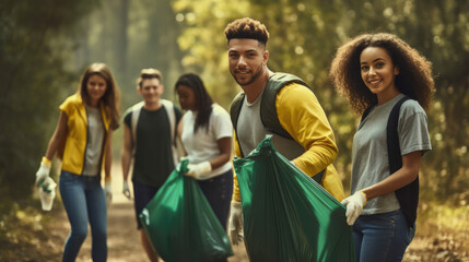 A group of friends participating in a community cleanup event - obrazy, fototapety, plakaty