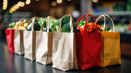 A close-up of reusable shopping bags filled with groceries - obrazy, fototapety, plakaty