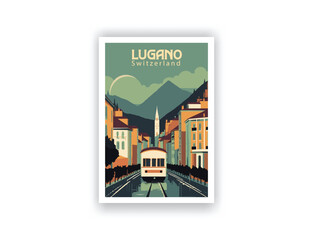 Lugano, Switzerland. Vintage Travel Posters. Vector art. Famous Tourist Destinations Posters Art Prints Wall Art and Print Set Abstract Travel for Hikers Campers Living Room Decor
