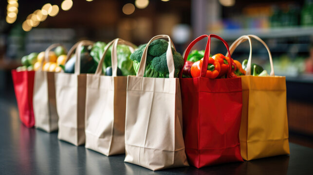 A close-up of reusable shopping bags filled with groceries