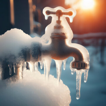 A frozen water pipe in winter, closeup, shallow depth of field. water tap covered with ice. ai generative