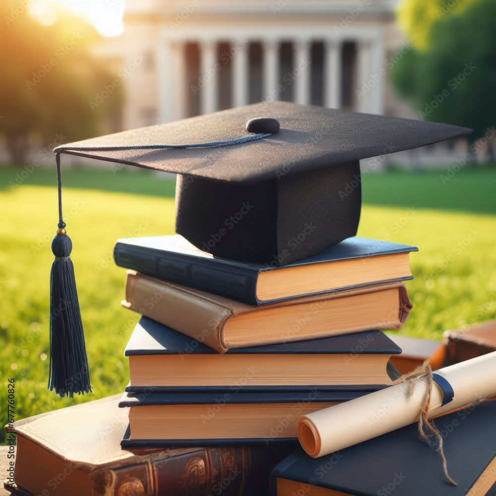 Poster a mortarboard and graduation scroll on top of the books on university lawn. ai generative