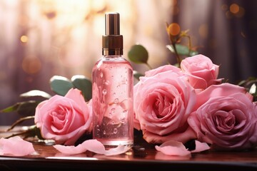 Obraz na płótnie Canvas Romantic Elegance: Clear Spray Bottle with Pink Roses on Wooden Table