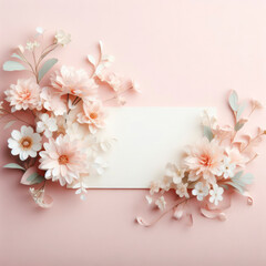 Banner with flowers on light pink background. Greeting card template for Wedding, mothers or womans day. ai generative