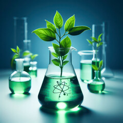 beakers plants, Green leafs in the flask filled with water, Green Chemistry. ai generative - obrazy, fototapety, plakaty