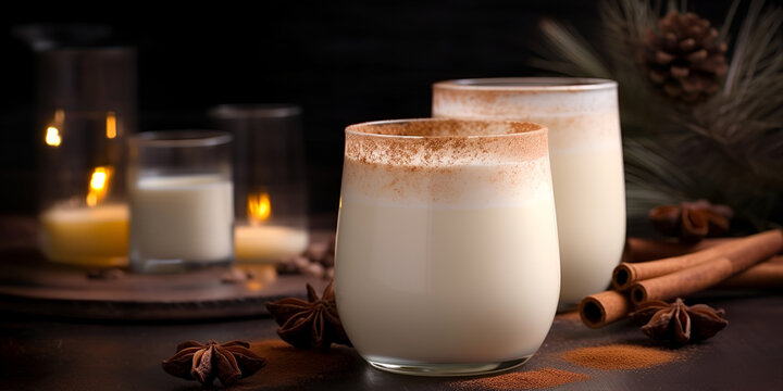 Traditional Christmas drinks cocktail eggnog with cinnamon in glass on wooden table.
