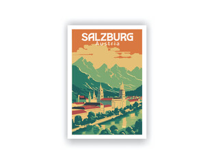 Salzburg, Austria. Vintage Travel Posters. Vector art. Famous Tourist Destinations Posters Art Prints Wall Art and Print Set Abstract Travel for Hikers Campers Living Room Decor