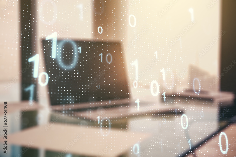 Aufkleber Creative abstract binary code sketch on modern laptop background, hacking and matrix concept. Multiexposure