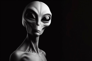 Black and white photorealistic studio portrait of a Grey Alien on black background. ai generative