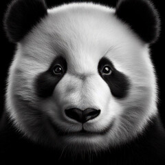 Black and white photorealistic studio portrait of a panda on black background. ai generative
