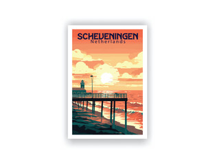 Scheveningen, The Netherlands. Vintage Travel Posters. Vector art. Famous Tourist Destinations Posters Art Prints Wall Art and Print Set Abstract Travel for Hikers Campers Living Room Decor