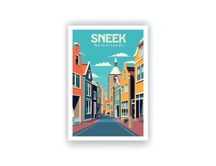 Sneek, Netherlands. Vintage Travel Posters. Vector art. Famous Tourist Destinations Posters Art Prints Wall Art and Print Set Abstract Travel for Hikers Campers Living Room Decor