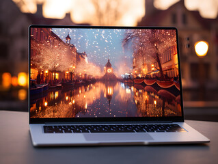 Laptop computer with Christmas theme mock up