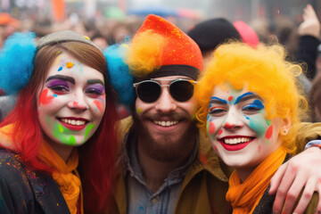 Young people celebrate carnival party on the street - obrazy, fototapety, plakaty