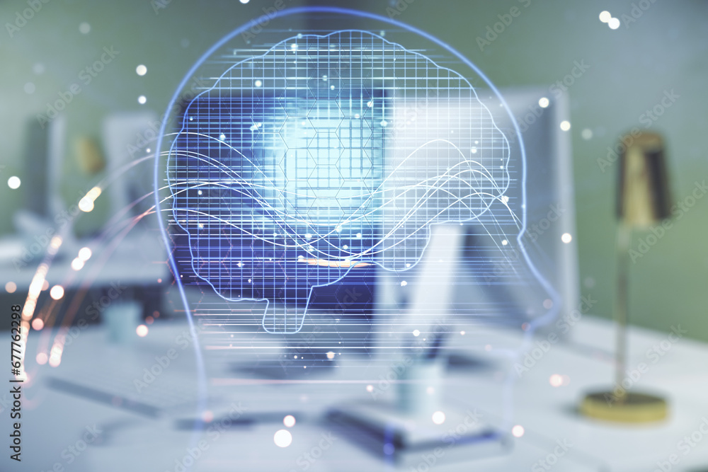 Aufkleber Double exposure of creative artificial Intelligence symbol with modern laptop on background. Neural networks and machine learning concept