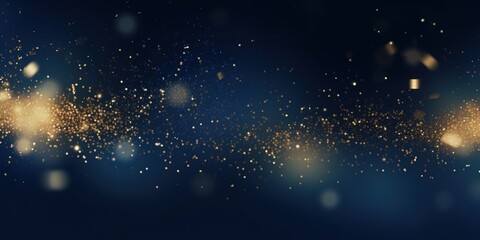 Abstract background with gold stars, particles and sparkling on navy blue. Christmas Golden light shine particles bokeh on navy blue background. 2024 New year background. Gold foil texture. Generative