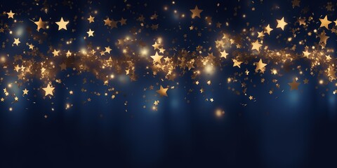 Abstract background with gold stars, particles and sparkling on navy blue. Christmas Golden light shine particles bokeh on navy blue background. 2024 New year background. Gold foil texture. Generative