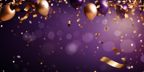 Anniversary purple and gold color background with falling confetti and light effects. Generative...