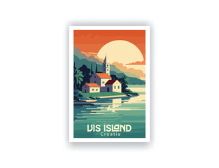 Vis Island, Croatia. Vintage Travel Posters. Vector art. Famous Tourist Destinations Posters Art Prints Wall Art and Print Set Abstract Travel for Hikers Campers Living Room Decor