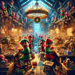 A workshop scene where Santa's elves are diligently crafting toys for Christmas. - obrazy, fototapety, plakaty