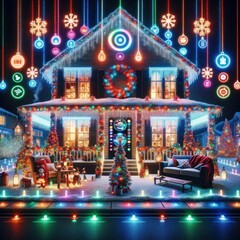 A picture of a home festively decorated with AI-controlled smart lights and decorations.