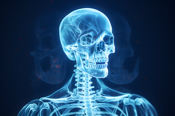 Human 3d skeleton in the style of x-ray photo illustration isolated on dark background 