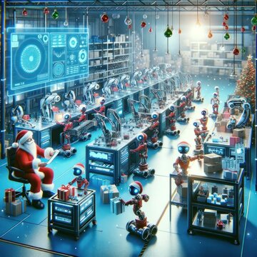 image showcasing an advanced workshop where AI-driven robots assist Santa Claus in toy production