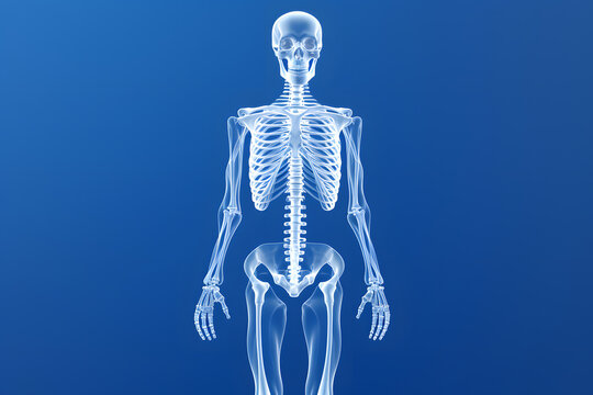 Human 3d skeleton in the style of x-ray photo illustration isolated on blue background 