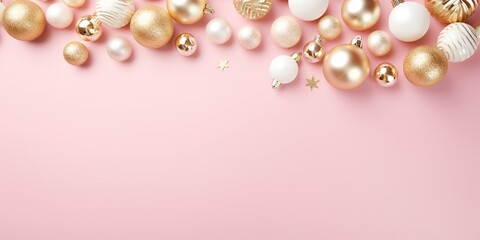 Christmas decorations at pink background. White and golden christmas decorations top view. Generative AI