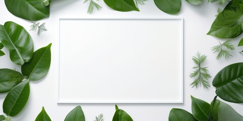 Creative layout, green leaves with white square frame, flat lay. Generative AI - Powered by Adobe