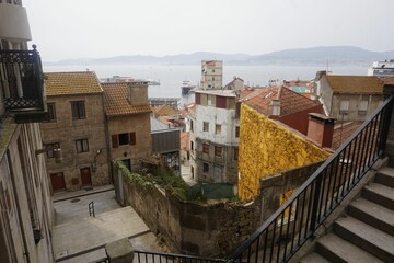 Fototapeta na wymiar Scenic view of the city of Vigo in Spain with old residential houses in daylight