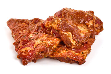 Raw bbq ribs, marinated meat for grill, isolated on white background.