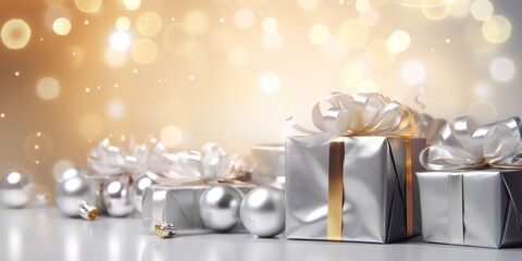 Silver gift boxes with golden ribbon bow tag and ornaments balls over blurred bokeh lights. Generative AI