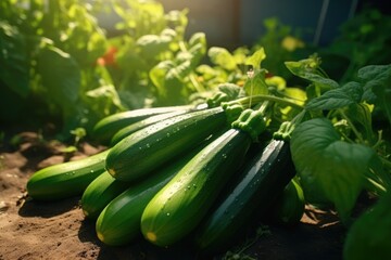 zucchini grow in the vegetable garden in sunny day.