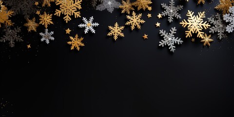 Top view of golden snowflake, stars and Christmas ball on black background. Generative AI - obrazy, fototapety, plakaty