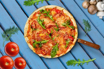 Tasty fresh hot pizza with spices and cheese