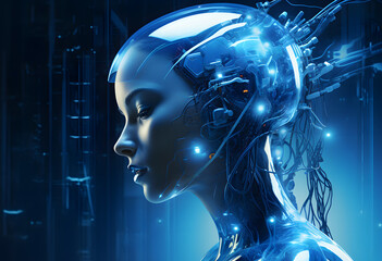 Futuristic woman head portrait wallpaper in technologic world