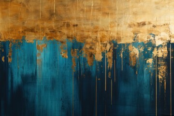 A blue wall abstractly painted with golden elements. Drawing in gold on a blue canvas. Gold paint on a blue wall.