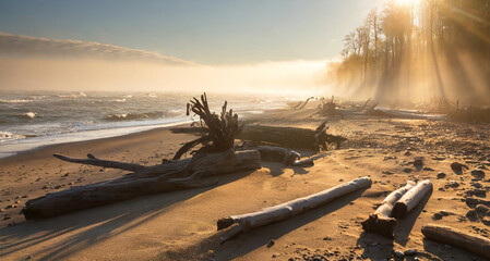 Baltic sea shore at sunrise. Wooden trunks on the sand. - obrazy, fototapety, plakaty